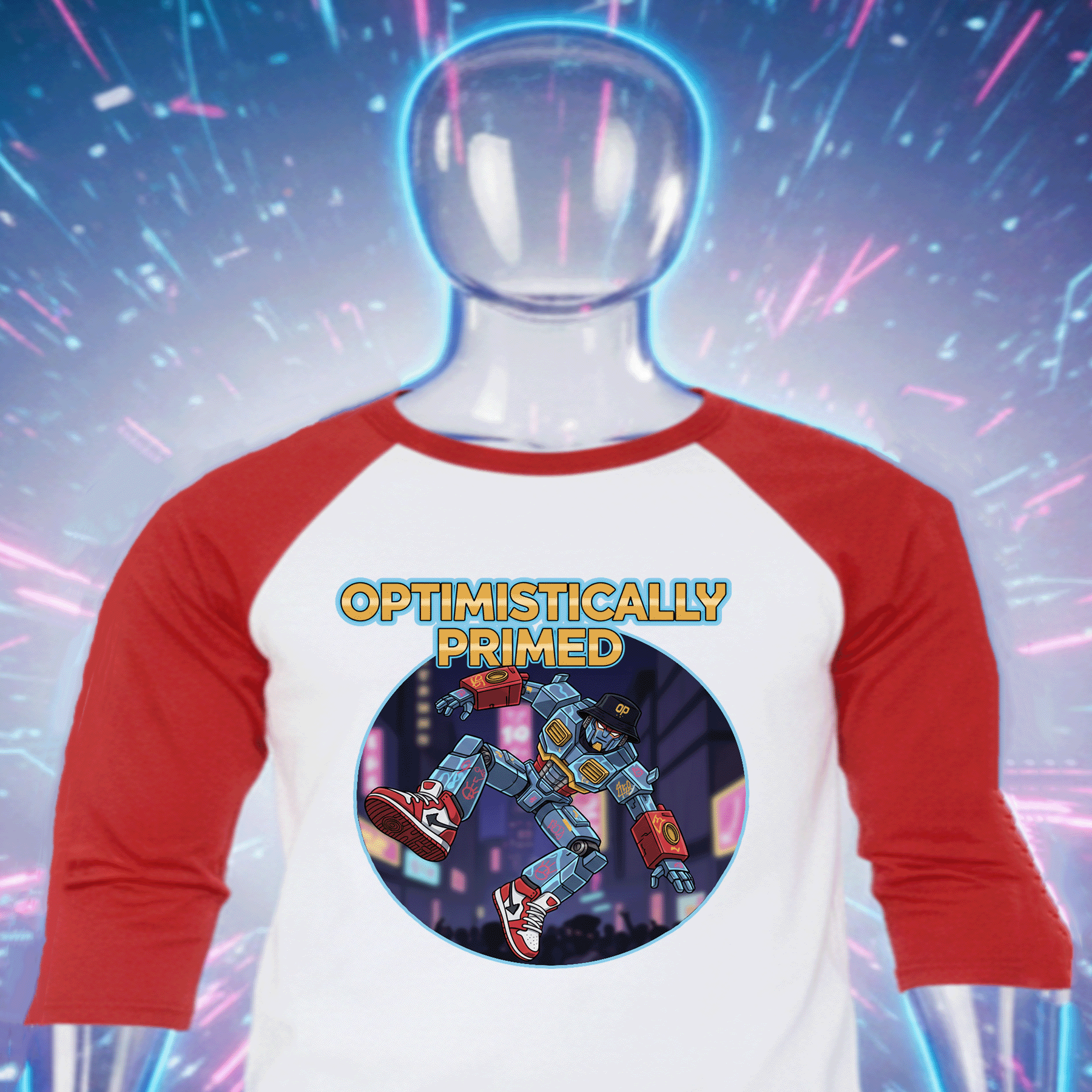 Mannequin wearing a red and white Optismistically Primed Premium Cotton baseball shirt with a graphic design and text against a futuristic background by Hyperphanta - Vanguard Streetwear Collection 