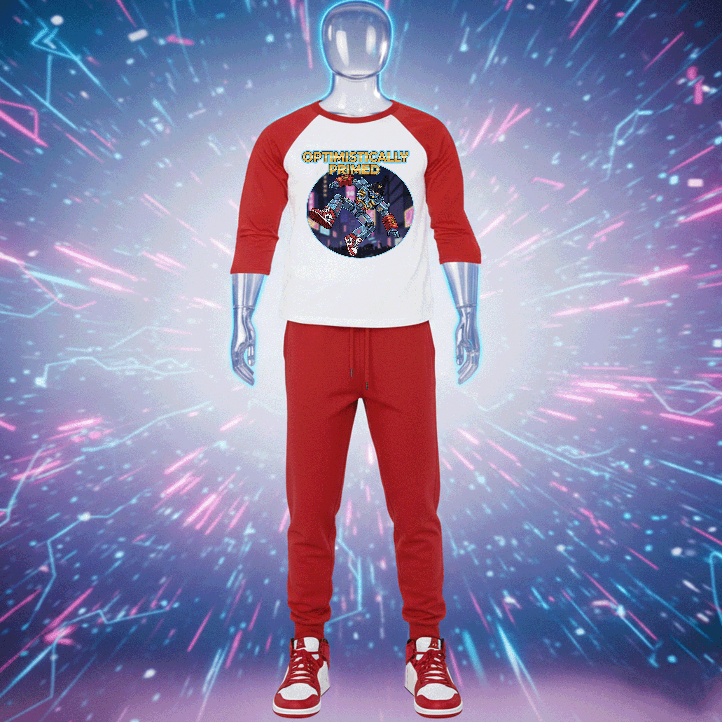 Mannequin wearing a red and white Optismistically Primed Premium Cotton baseball shirt with a graphic design and text against a futuristic background by Hyperphanta - Vanguard Streetwear Collection 
