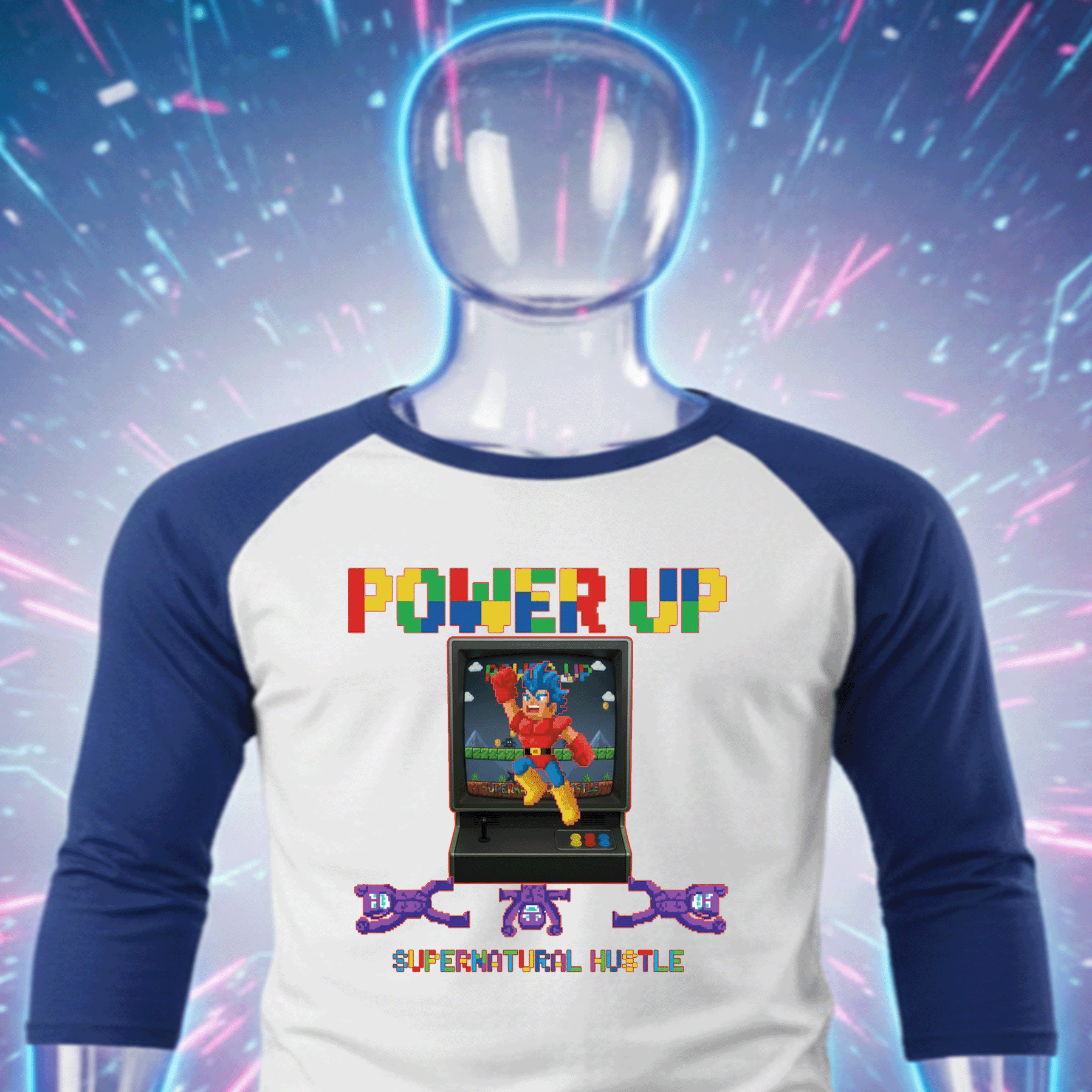 Mannequin wearing a 'Power Up' themed Premium Cotton baseball shirt with colorful background by Hyperphanta - Vanguard Streetwear Collection 