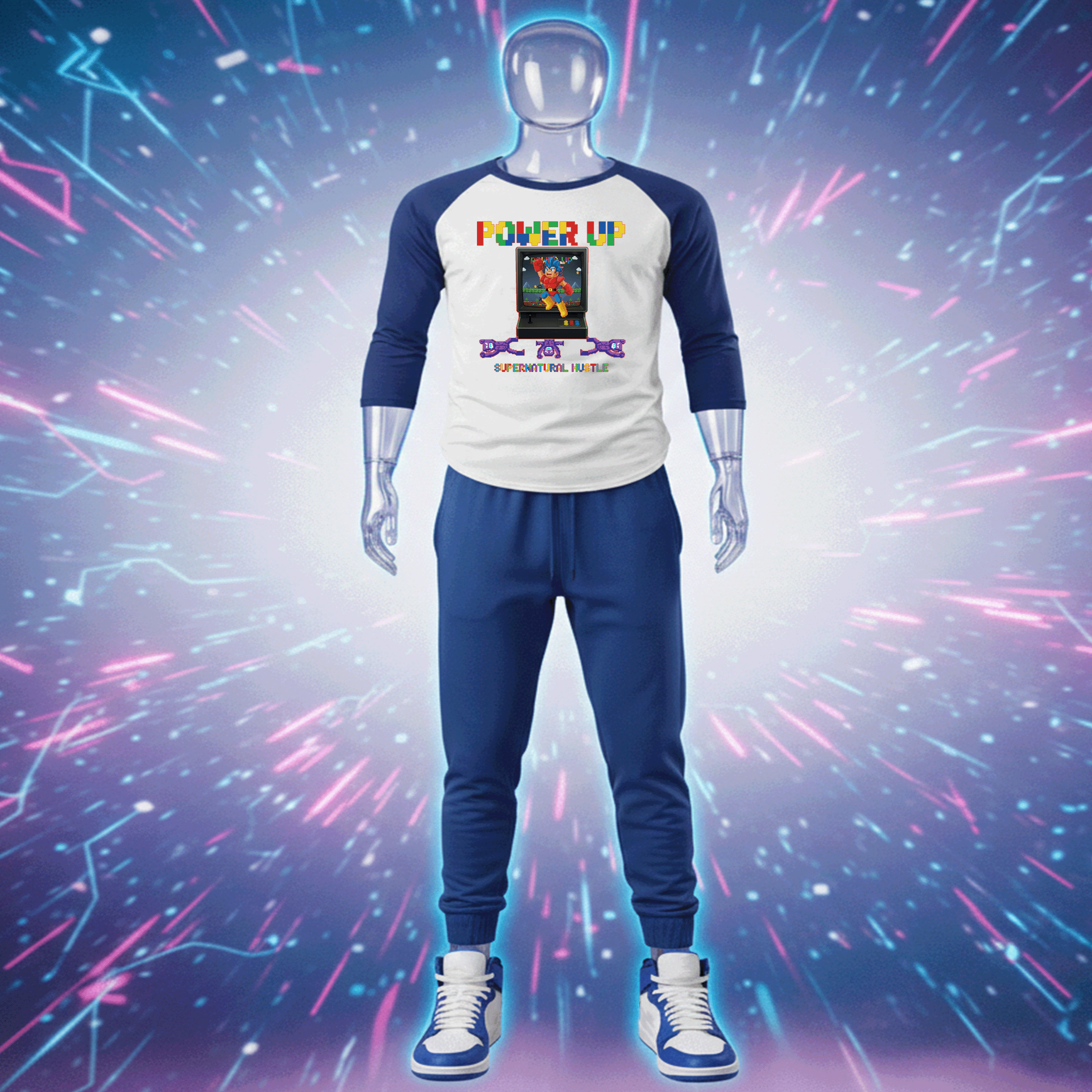 Mannequin wearing a 'Power Up' themed Premium Cotton baseball shirt with colorful background by Hyperphanta - Vanguard Streetwear Collection 