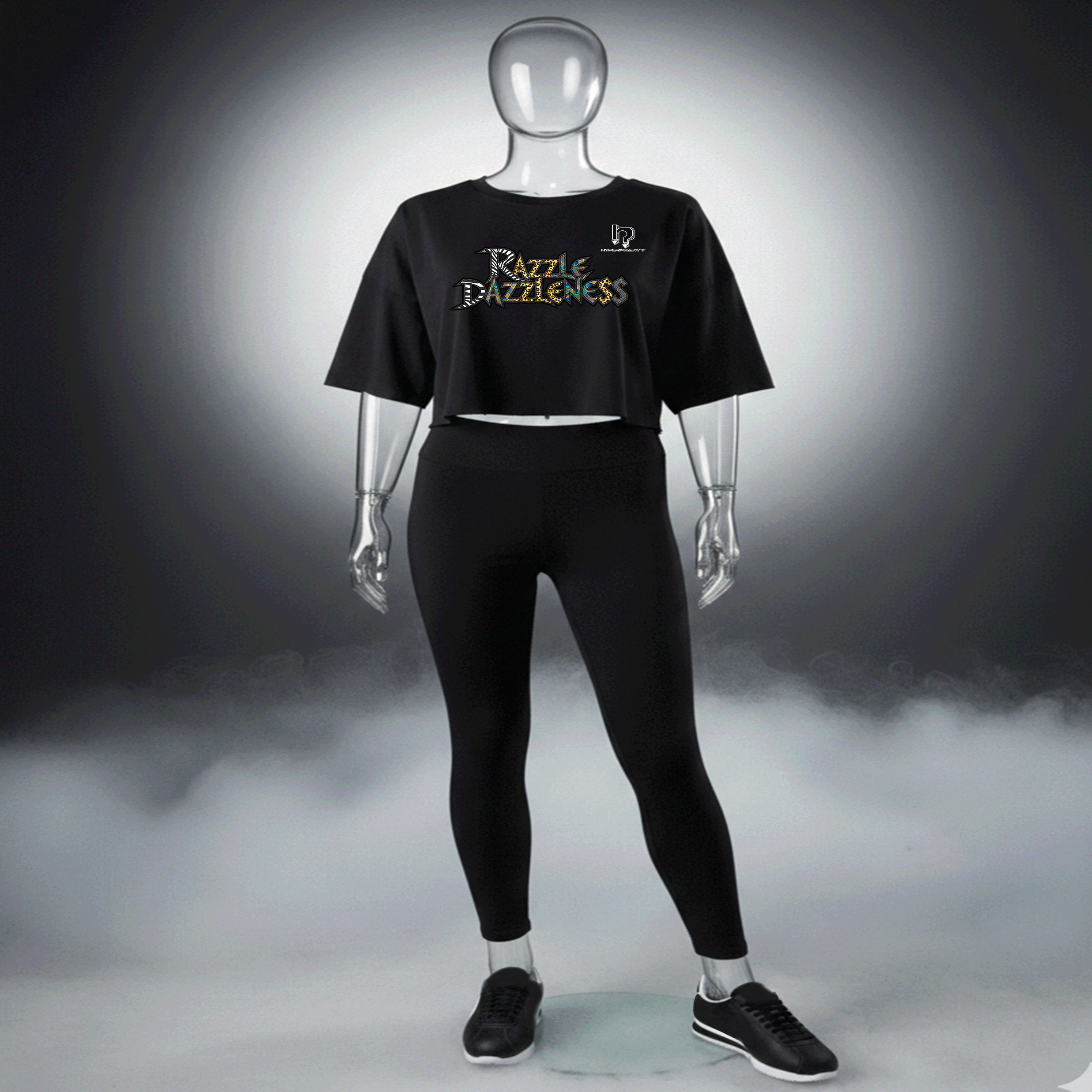 Black Premium Cotton t-shirt with 'Dazzle Dazzlerness' text on a mannequin against a gray background by Hyperphanta - Shadow Embracer Streetwear  Collection 