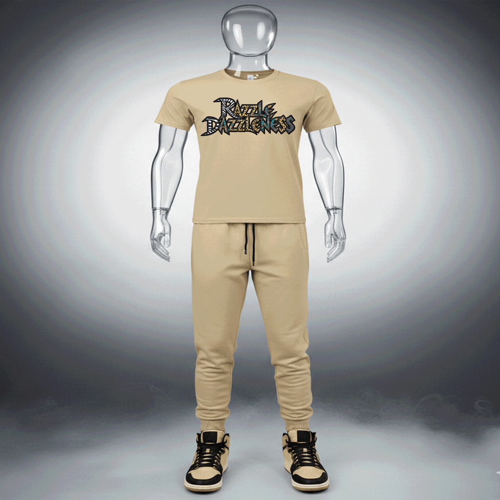 Beige Razzle Dazzleness Premium Cotton t-shirt with a graphic design on a mannequin against a gray background by Hyperphanta - Shadow Embracer Streetwear Collection