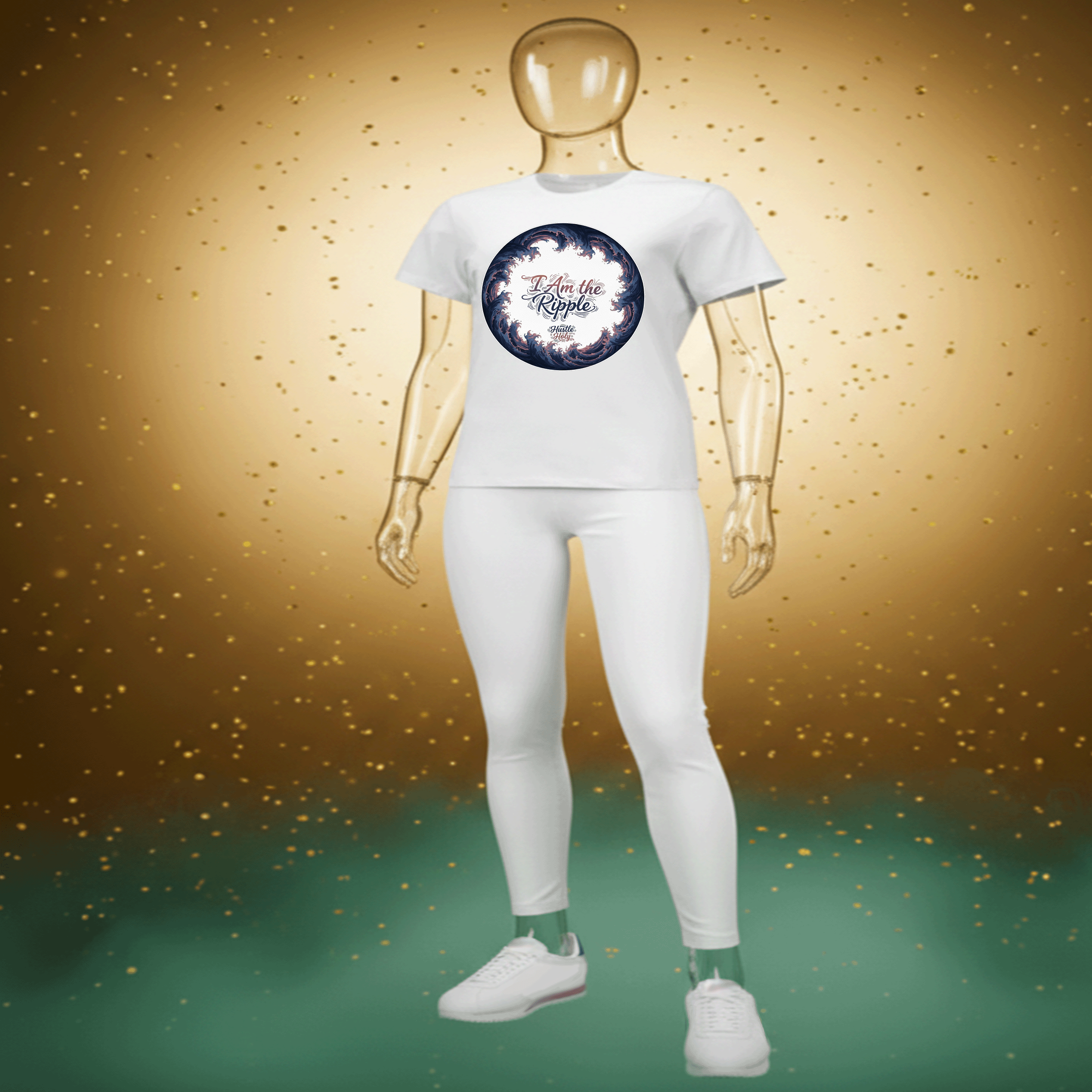 White I Am The Ripple Premium Cotton t-shirt with a circular design on a mannequin against a gold background by Hyperphanta - Inner Alchemist Streetwear Collection