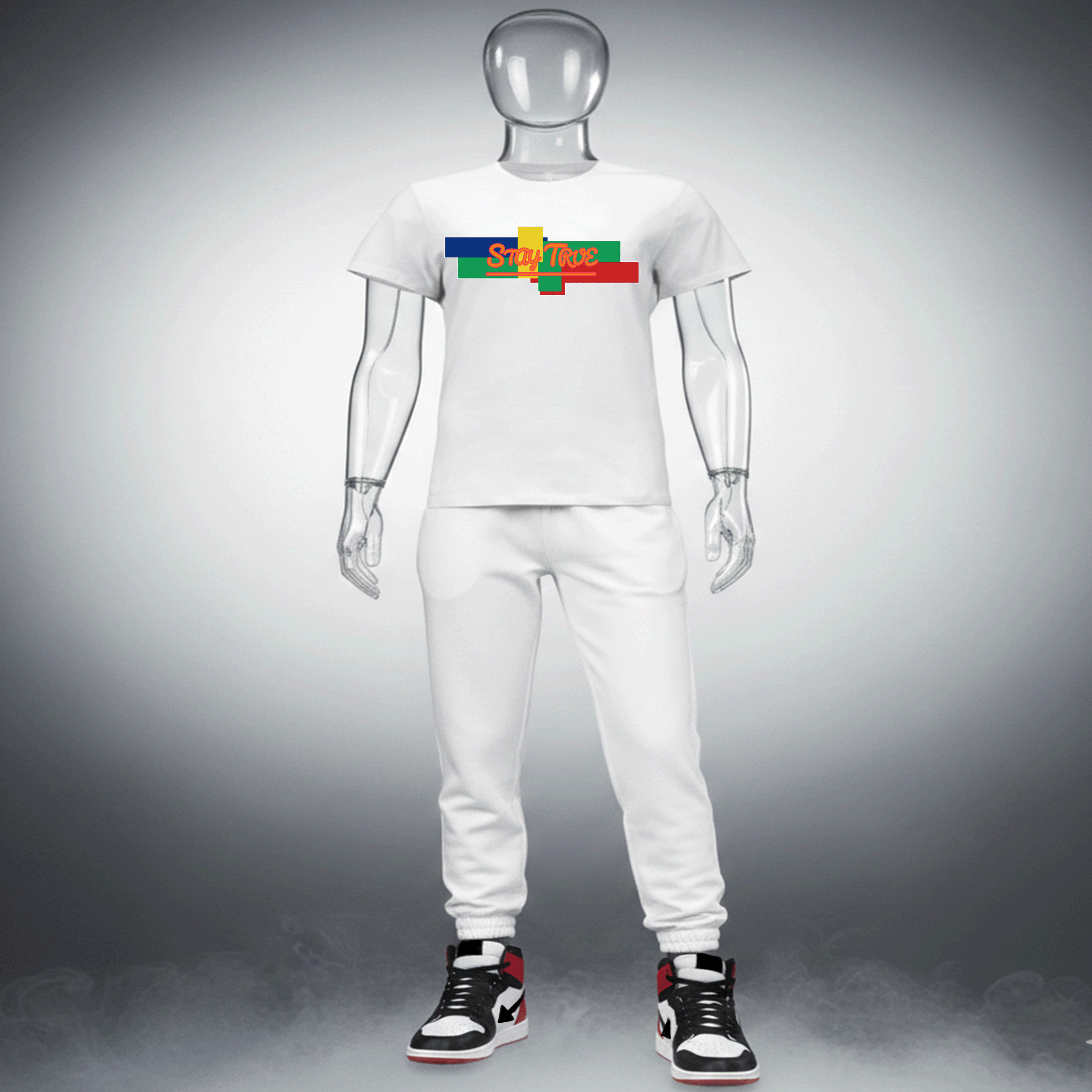 White Stay True Premium Cotton t-shirt with colorful logo on a transparent mannequin against a gray background by Hyperphanta - Shadow Embracer Streetwear Collection