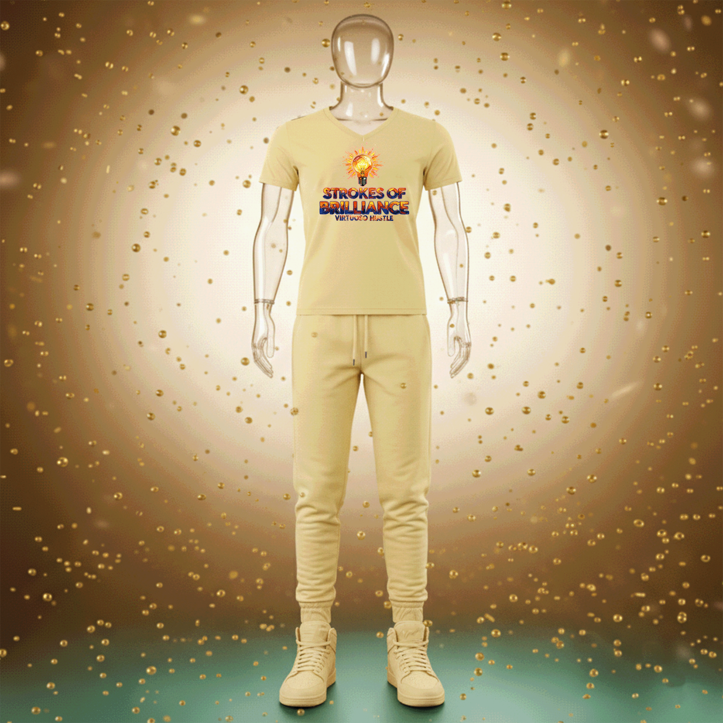 Mannequin wearing a yellow Strokes of Brilliance Premium Cotton t-shirt with 'Strokes of Brilliance' text on a gold glittery background by Hyperphanta - Inner Alchemist Streetwear Collection