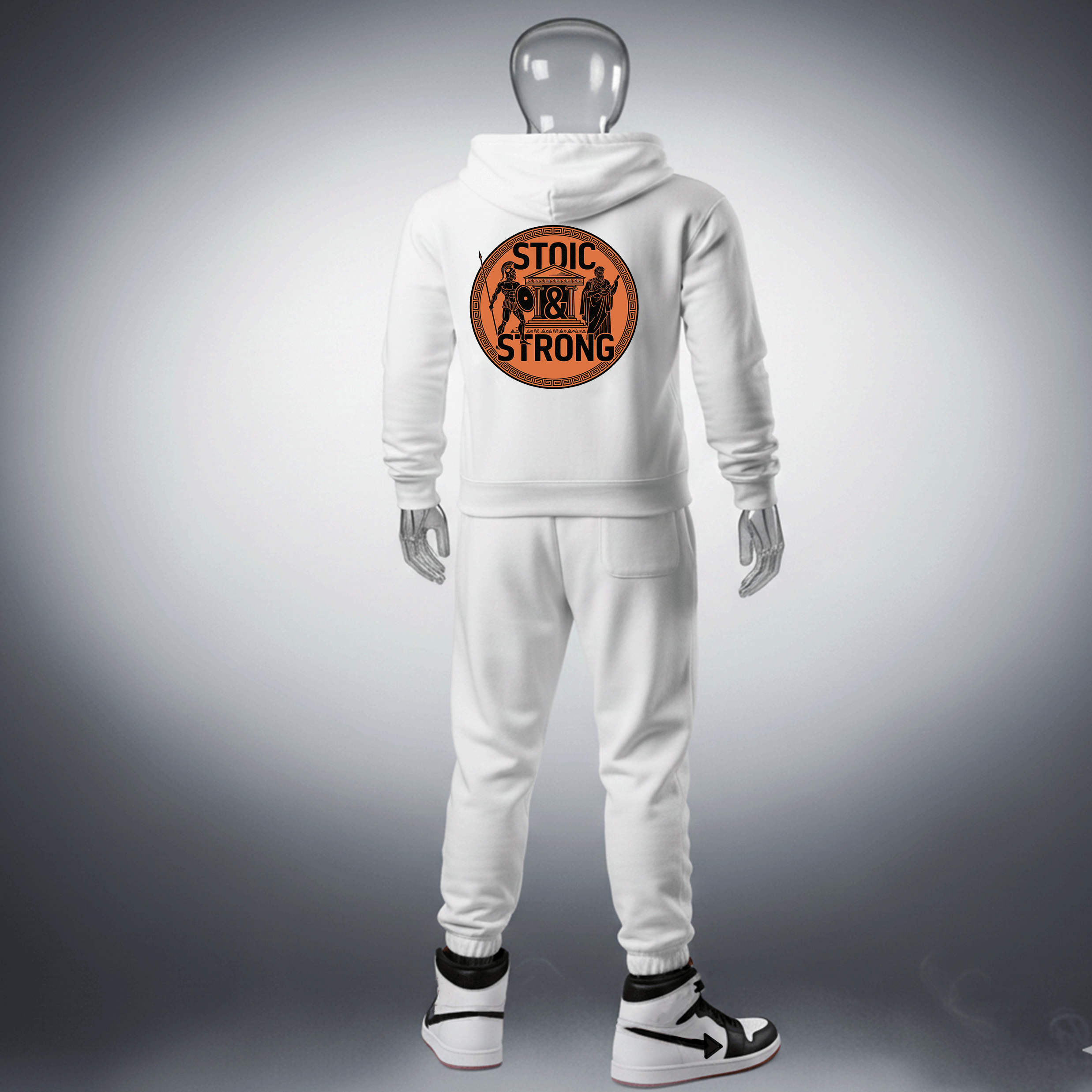 White Strong & Stoic Premium Cotton Zip-up hoodie with a logo on a mannequin against a gray background by Hyperphanta - Shadow Embracer Streetwear Collection