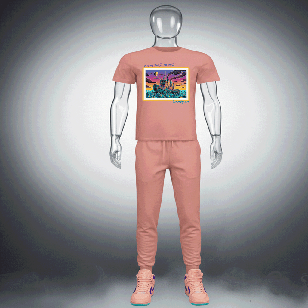 Mannequin wearing a pink Drag Em Premium Cotton t-shirt with a colorful graphic design on a gray background by Hyperphata - Shadow Embracer Streetwear Collection 