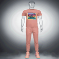 Mannequin wearing a pink Drag Em Premium Cotton t-shirt with a colorful graphic design on a gray background by Hyperphata - Shadow Embracer Streetwear Collection 