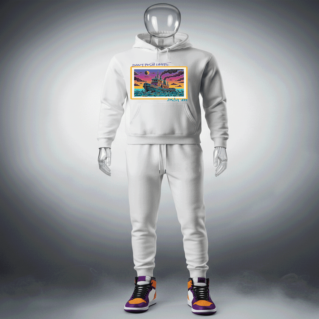 White Drag Em Premium Cotton hoodie with a colorful graphic design on a gray background by Hyperphanta - Shadow Embracer Streetwear Collection 