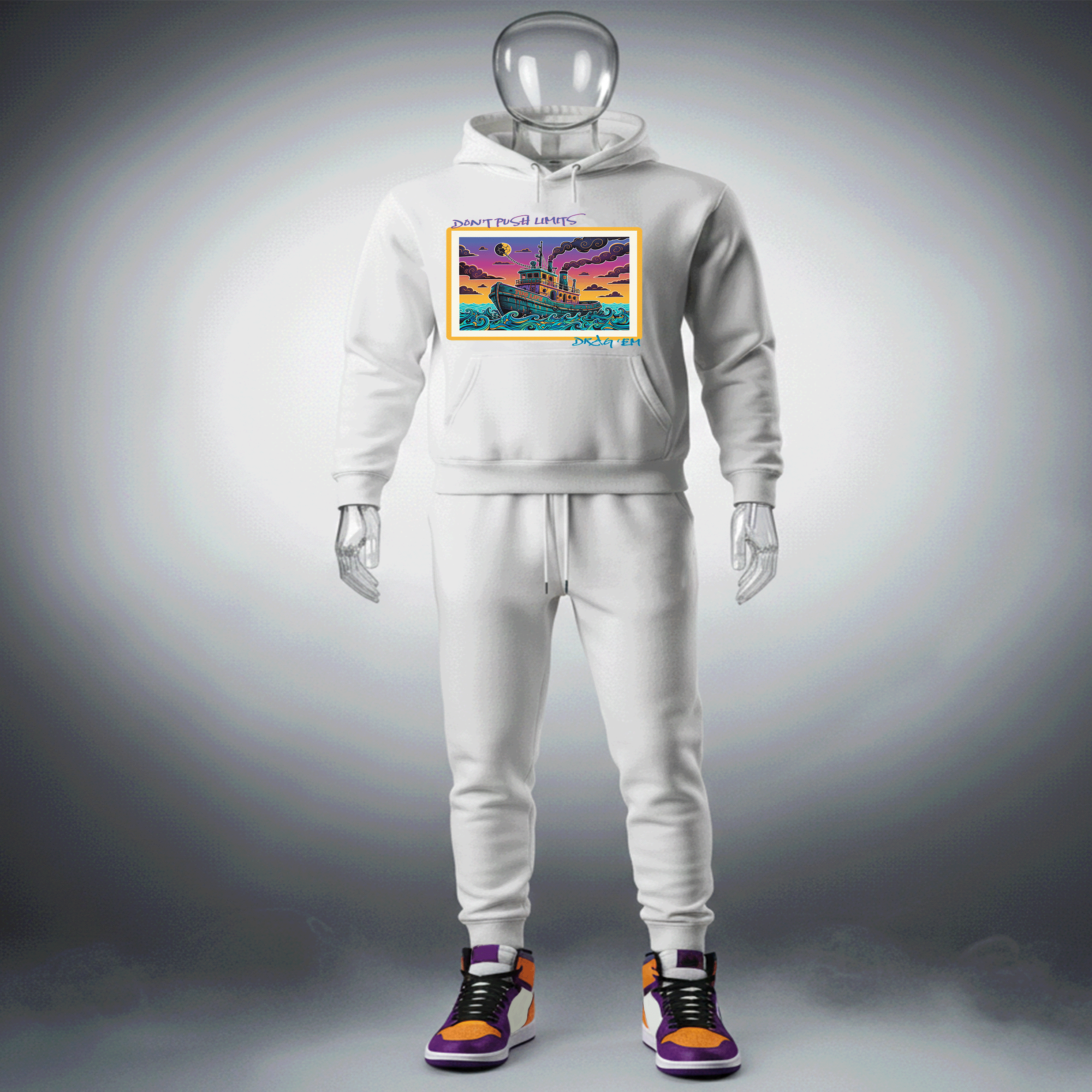 White Drag Em Premium Cotton hoodie with a colorful graphic design on a gray background by Hyperphanta - Shadow Embracer Streetwear Collection 