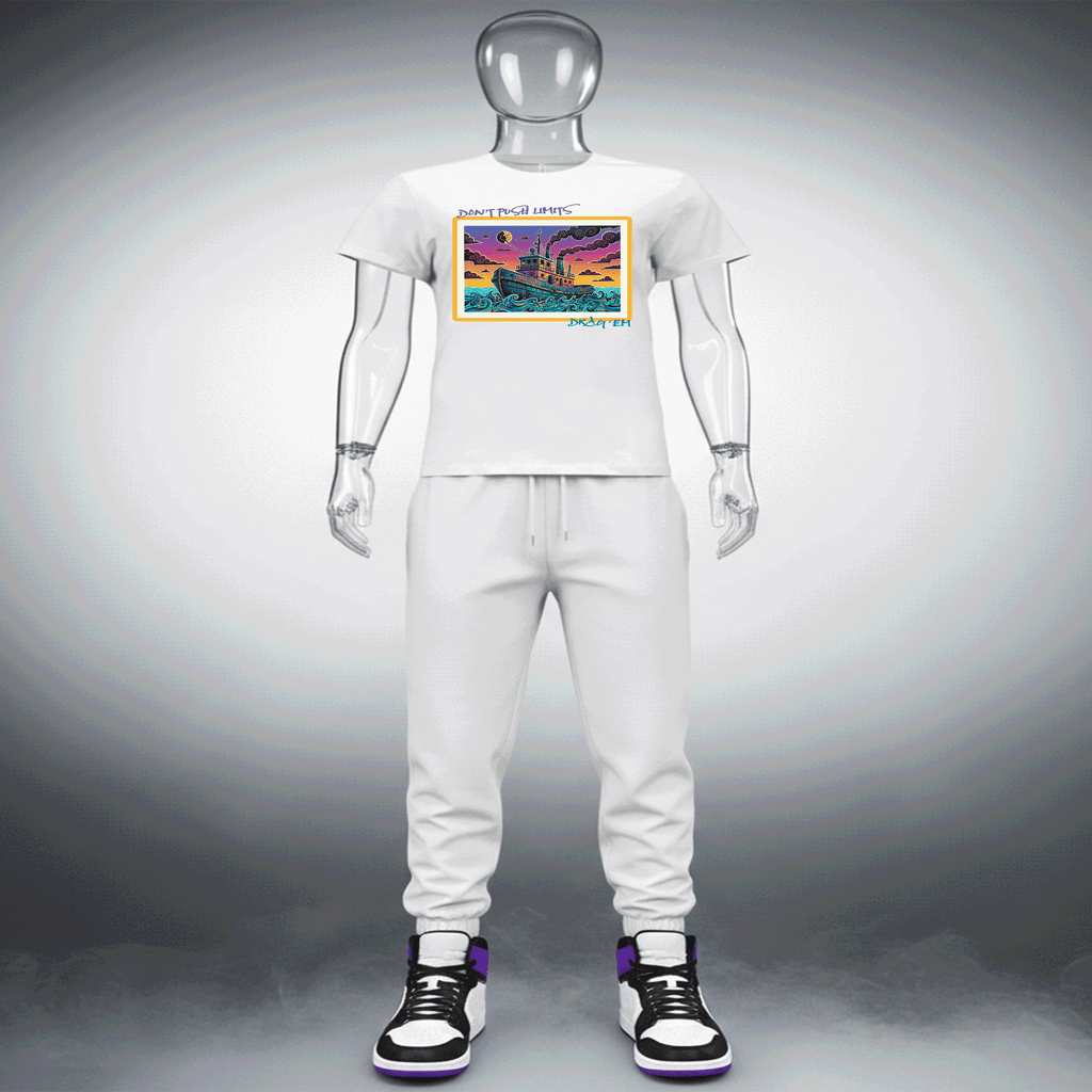 White Drag Em Premium Cotton t-shirt with a colorful graphic design on a mannequin against a gray background by Hyperphanta - Shadow Embracer Streetwear Collection