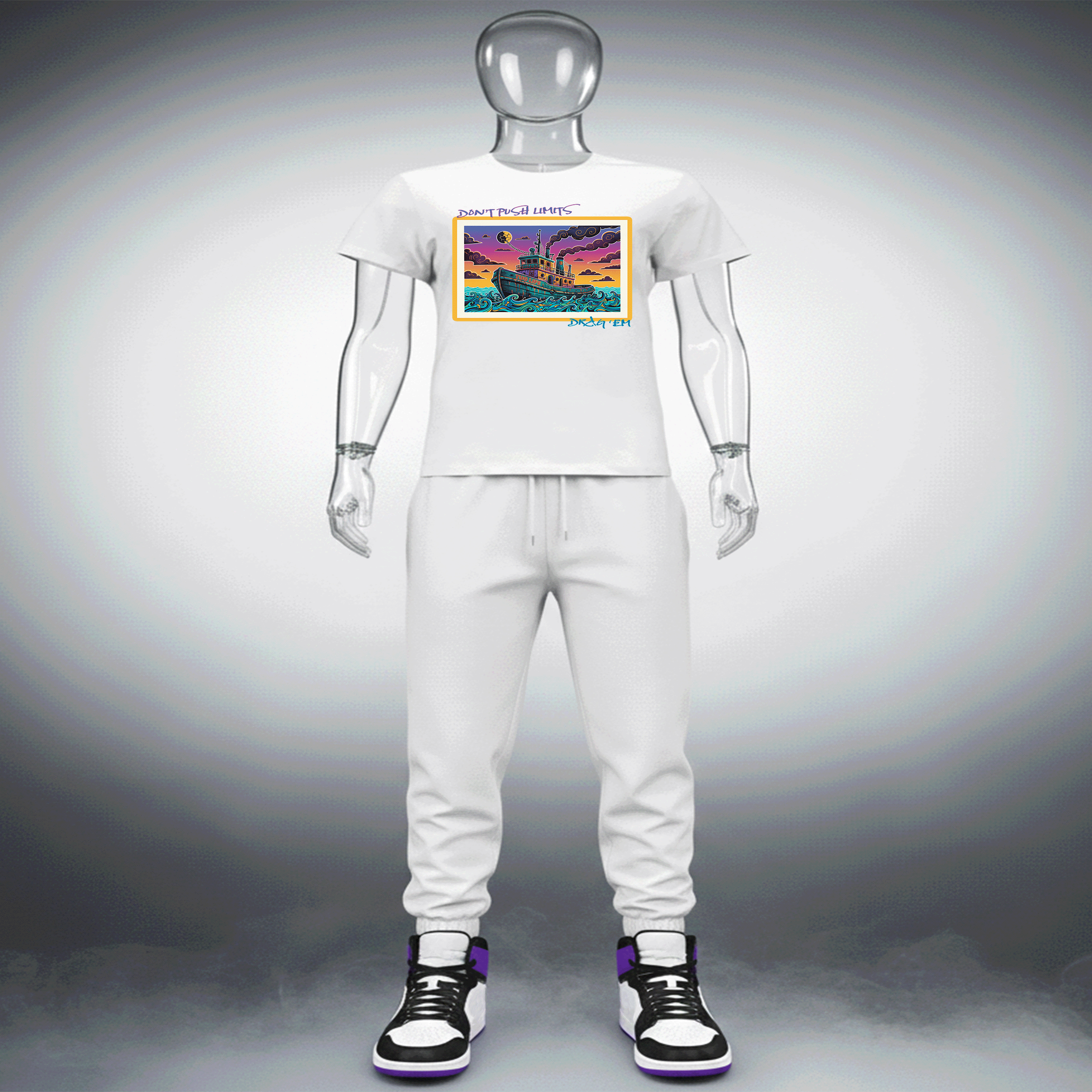 White Drag Em Premium Cotton t-shirt with a colorful graphic design on a mannequin against a gray background by Hyperphanta - Shadow Embracer Streetwear Collection