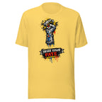 Yellow t-shirt with a graphic design and text 'Seize Your Fate' on a white background
