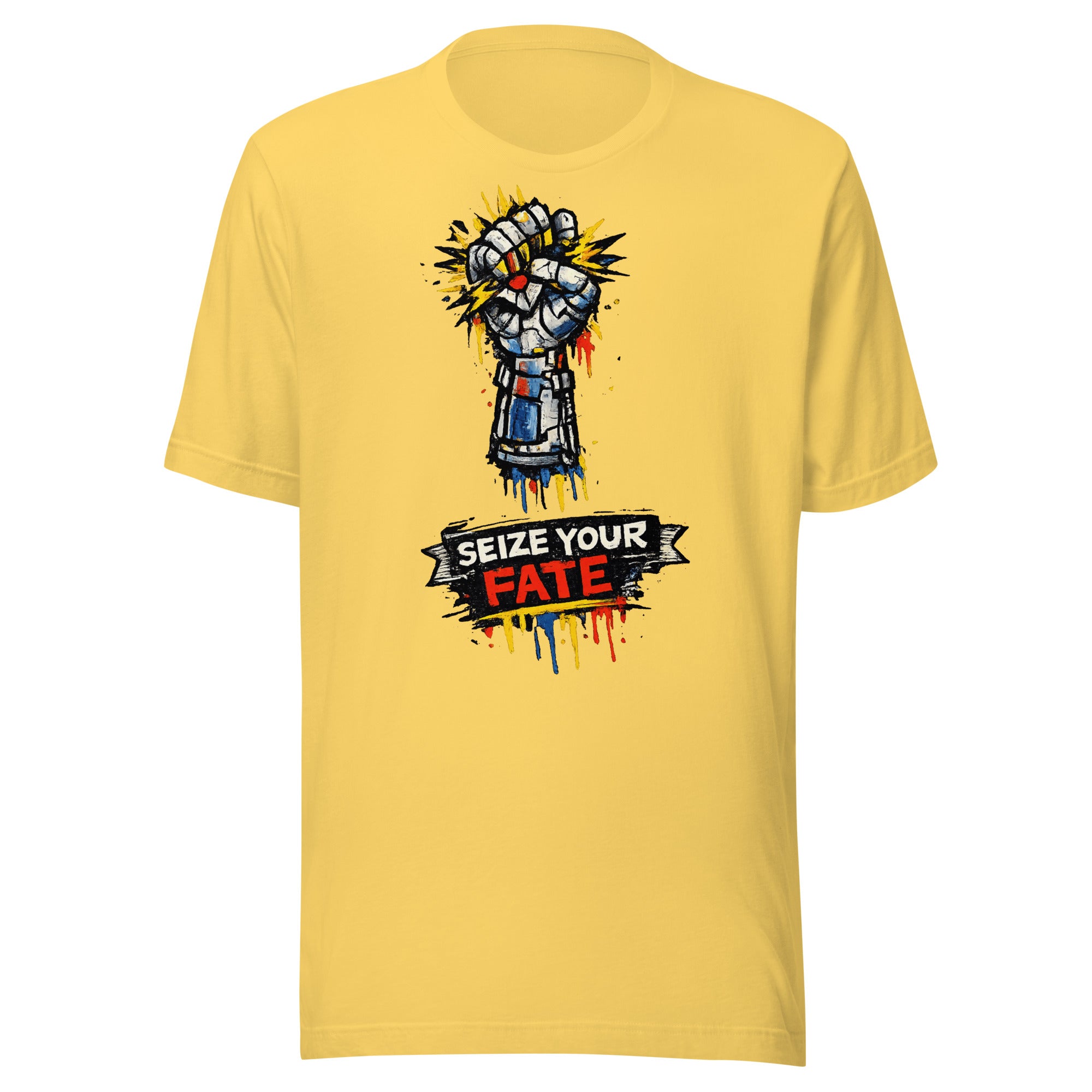 Yellow t-shirt with a graphic design and text 'Seize Your Fate' on a white background